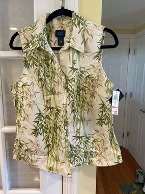 Charter Club Women's Sleeveless Bamboo Print Button-Front Top - Green/Cream